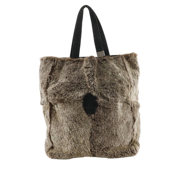 CHANEL COCO Mark Handbag Tote Bag Rabbit Fur Brown A5 Women's - Picture 1 of 10